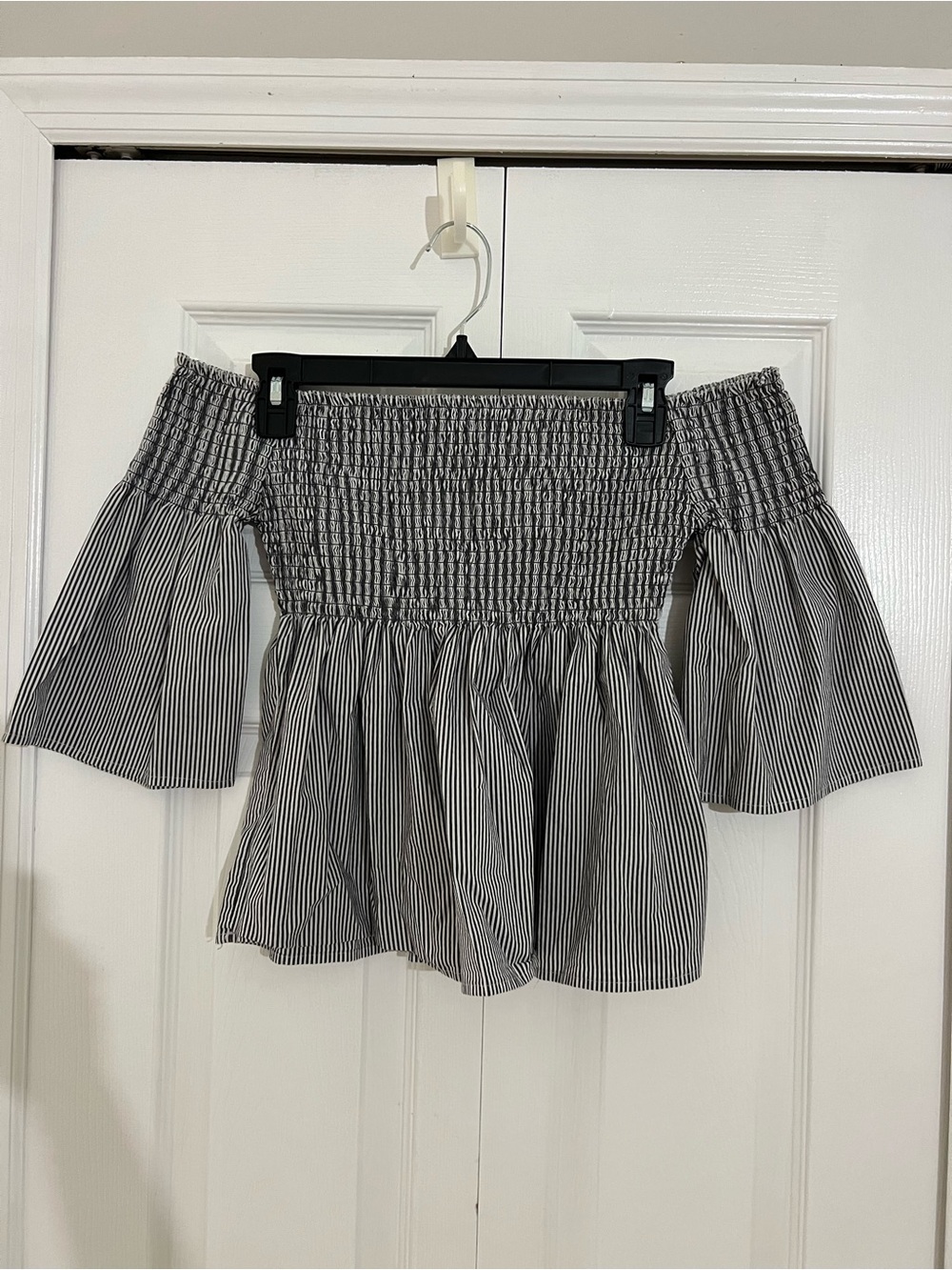 Hollister Gray & White Striped Smocked Off-Shoulder Top